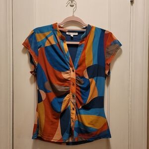 DR2 Women's Short Sleeve Multicolor Blouse Size M Boho Maximalist